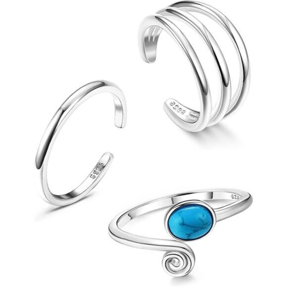 925 Sterling Silver Open Toe Rings Set for Women Adjustable Turquoise